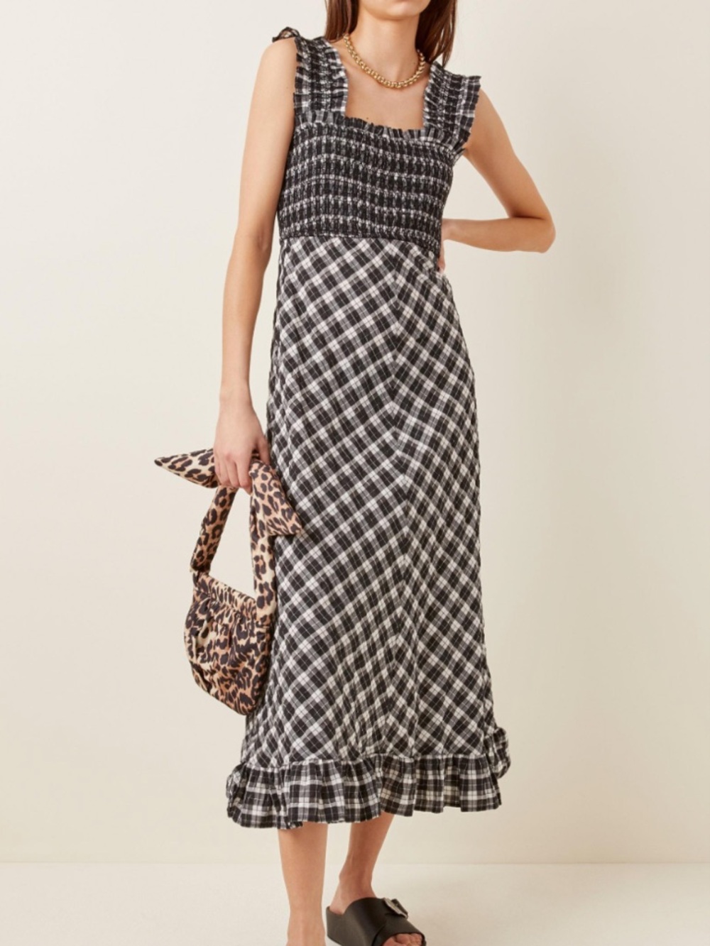 Ganni Black & White Plaid Smocked Seersucker Midi Dress